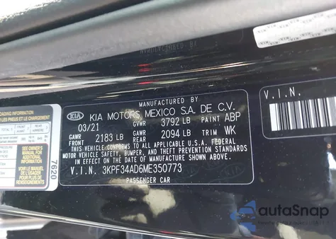 2021 Kia Forte Gt-Line из США, поврежденный, VIN 3KPF34AD6ME350773